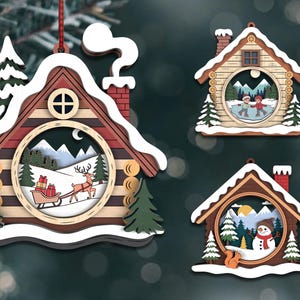 3D Layered Wooden House Christmas Ornament SVG Bundle, Reindeer Sleigh, Snowman & Skaters Scene Shadow Box svg, Laser Cut Glowforge, Digital
