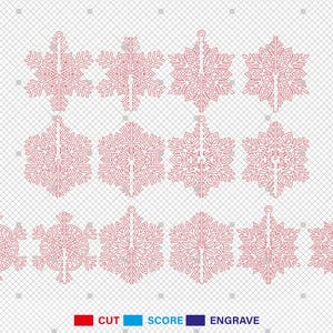 May include: A collection of red snowflake ornaments in various designs. Each ornament has intricate cut-out patterns and a small loop for hanging. The image also includes the words "CUT", "SCORE", and "ENGRAVE" in red, blue, and purple.