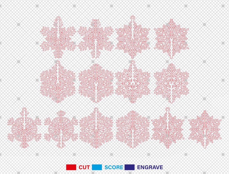 May include: A collection of red snowflake ornaments in various designs. Each ornament has intricate cut-out patterns and a small loop for hanging. The image also includes the words "CUT", "SCORE", and "ENGRAVE" in red, blue, and purple.