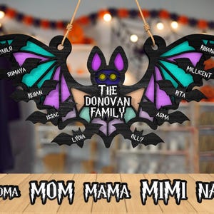 Spersonalizowana ozdoba na Halloween z rodziną nietoperzy svg, ozdoba z witrażu nietoperza svg, dekoracja na Halloween svg, prezent na Halloween svg, wycinany laserowo Glowforge