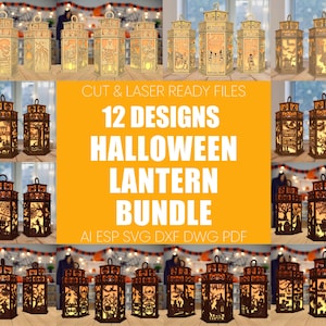 12 Halloween Lantern Bundle Laser Cut File,Halloween Scene lantern svg, Haunted house svg, Halloween Candle lantern svg, Laser Cut Glowforge