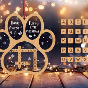 Gepersonaliseerde hond kat harige kleine kerst kruiswoordraadsel Scrabble ornament svg, huisdier ornament svg, kerstornament svg, lasergesneden Glowforge