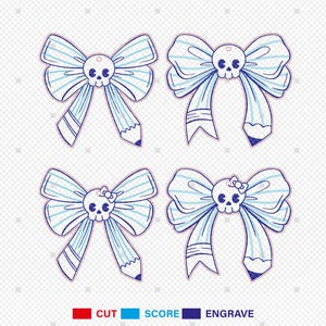 May include: Four printable designs of blue and white striped bows with a skull in the center. The bows are outlined in blue and have a pencil eraser at the end of each bow. The designs are labeled "CUT", "SCORE", and "ENGRAVE".