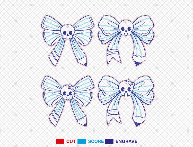 May include: Four printable designs of blue and white striped bows with a skull in the center. The bows are outlined in blue and have a pencil eraser at the end of each bow. The designs are labeled "CUT", "SCORE", and "ENGRAVE".