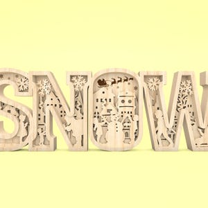 May include: Wooden cutout of the word "SNOW" with intricate designs of winter scenes and snowflakes inside each letter.