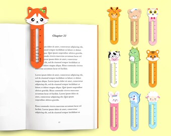 May include: A set of ten colorful bookmarks featuring various animal designs. Each bookmark has a ruler on the back. The bookmarks are made of wood and have a glossy finish.