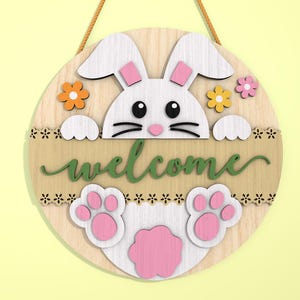 Easter Bunny Door Sign SVG File, Easter Round sign SVG, Happy Easter Welcome sign svg, Hello Spring door hanger svg, Laser Cut Glowforge
