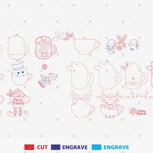 May include: A selection of Christmas-themed mug and cup designs, featuring festive characters and decorations. The designs are outlined in red and blue, with the words "CUT" and "ENGRAVE" in red and blue, respectively.