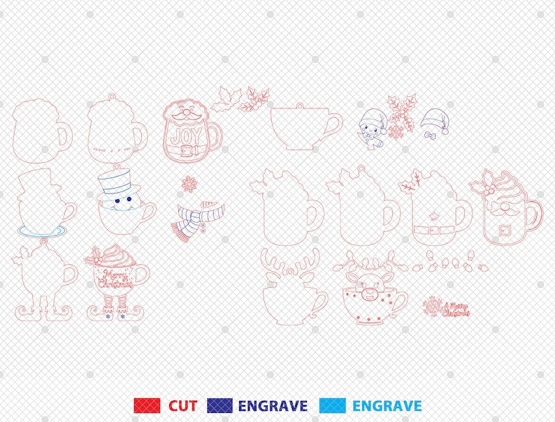 May include: A selection of Christmas-themed mug and cup designs, featuring festive characters and decorations. The designs are outlined in red and blue, with the words "CUT" and "ENGRAVE" in red and blue, respectively.