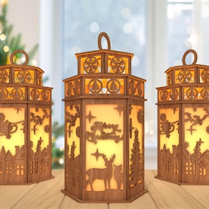 3D Christmas Lantern Laser Cut File, Christmas Scene lantern svg, Santa Sleigh svg, Christmas Candle lantern svg,Laser Cut Glowforge