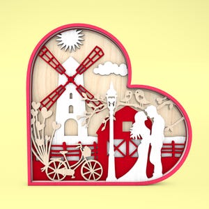Meerlaagse paar hart scène kunst svg, romantische scène svg, paar liefhebbers svg, Valentijnsdag svg, 6-laags kunstwerk, lasergesneden Glowforge