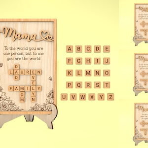 Letrero de Scrabble y crucigrama personalizado para el Día de la Madre, regalo para mamá, letrero floral para mamá, regalo para el Día de la Madre, Glowforge cortado con láser