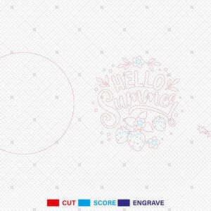 K&ouml;nnte beinhalten: Ein lasergeschnittenes Design mit dem Schriftzug "Hello Summer" in einer Schreibschrift, begleitet von Erdbeerillustrationen und floralen Akzenten. Das Design ist in einem hellroten Farbton gehalten, mit einer kreisf&ouml;rmigen Kontur auf der linken Seite.