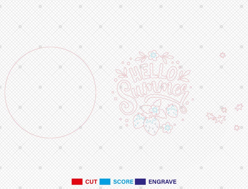 K&ouml;nnte beinhalten: Ein lasergeschnittenes Design mit dem Schriftzug "Hello Summer" in einer Schreibschrift, begleitet von Erdbeerillustrationen und floralen Akzenten. Das Design ist in einem hellroten Farbton gehalten, mit einer kreisf&ouml;rmigen Kontur auf der linken Seite.