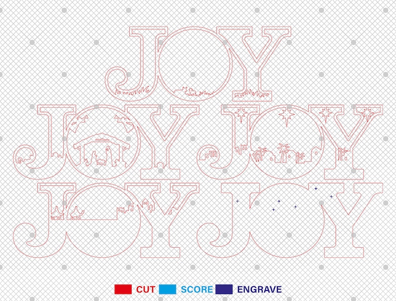 May include: A red outline of the word "JOY" with a nativity scene inside each letter. The letters are layered to create a 3D effect. The image is on a white grid background.