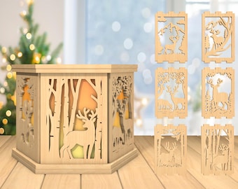 3D Deer Tea Light Holder Laser Cut File, Mountain scene lamp svg, Deer svg, Mountain Animal Candle lantern svg, Laser Cut Glowforge