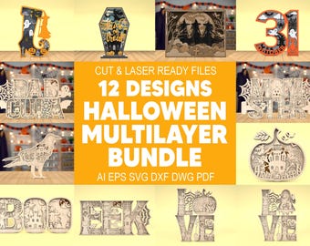 12 wielowarstwowych obrazów Halloween Art SVG, Scena Halloween SVG, Nawiedzony dom SVG, Hello Pumpkin SVG, 6-warstwowy element artystyczny, Laser Cut Glowforge, Cyfrowy