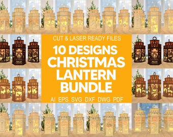 May include: A digital download bundle of 10 Christmas lantern designs. The designs are cut and laser ready in AI, EPS, SVG, DXF, DWG, and PDF formats. The designs feature various Christmas themes, including snowmen, reindeer, and Santa Claus.