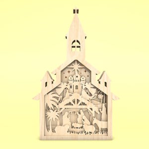Wielowarstwowa sztuka sceny kościelnej svg, szopka svg, scena bożonarodzeniowa svg, narodziny Jezusa svg, 7-warstwowe dzieło sztuki, wycinane laserowo Glowforge, cyfrowe