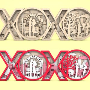 Multilayer XOXO Szene Art svg, Romantische Szene svg, Paar Liebhaber svg, Valentinstag svg, 6-Schicht-Kunststück, Laser Cut Glowforge, Digital