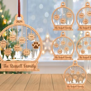 Boule de neige familiale personnalisée pour amoureux des chiens, svg de famille flocon de neige, ornement de Noël, svg cadeau de Noël, découpé au laser Glowforge