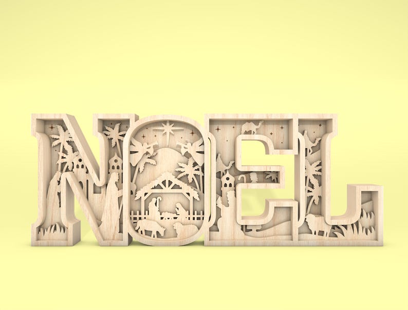 May include: Wooden cutout of the word "NOEL" with a nativity scene design inside each letter. The scene includes a stable, a star, palm trees, and figures of Mary, Joseph, and baby Jesus.