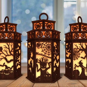 Plik laserowo wycinany 3D na Halloween, latarnia ze sceną Halloween svg, nawiedzony dom svg, latarnia ze świecą na Halloween svg, laserowo wycinany Glowforge
