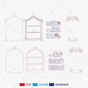 May include: Line art illustrations of decorative shelves, bookshelves, and related elements. The designs include various shelf shapes, filled bookshelves with books and plants, and decorative bows. The image uses red, blue, and purple lines.