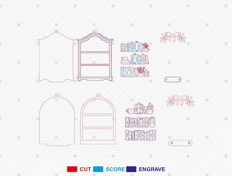 May include: Line art illustrations of decorative shelves, bookshelves, and related elements. The designs include various shelf shapes, filled bookshelves with books and plants, and decorative bows. The image uses red, blue, and purple lines.