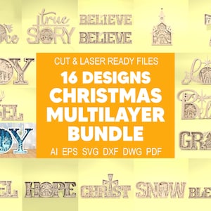 Paquete de 16 SVG navideños multicapa, SVG de escena navideña, SVG de belén, SVG de alegría multicapa, SVG de nacimiento de Jesús, Glowforge cortado con láser
