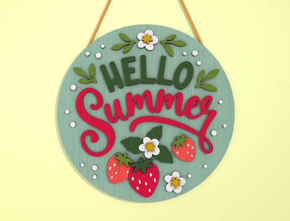 Happy Summer Door Sign SVG File, Summer Round sign SVG, Strawberry and Flower Welcome sign svg, Summer door hanger svg, Laser Cut Glowforge