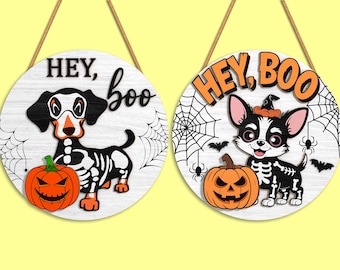 Hey Boo teckel en chihuahua pompoen deur teken SVG, Halloween ronde bord SVG, hond skelet Halloween deur hanger svg, lasergesneden Glowforge