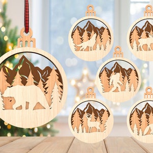Bergtier Weihnachtsverzierungs svg-bündel, Wolf, Bär, Hirsch, Bigfoot-Verzierungs svg, Weihnachtsverzierungs svg, Laser-Schnitt-Glowforge, Digital