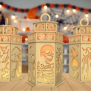 3D Halloween Charaktere Laterne Laser Cut Datei, Halloween Szene Laterne svg, Halloween svg, Halloween Kerze Laterne svg, Laser Cut Glowforge
