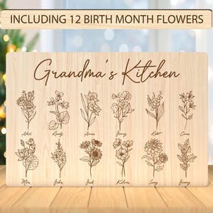 Personalisierte Omas Küche Schneidebrett svg, Geburtstags-Monats-Blumen svg, Geschenk für Oma, Muttertags-Svg, Laser-Schnittdatei, Laser-Schnitt-Glowforge