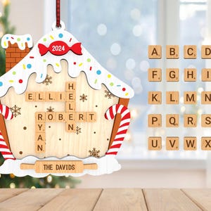 Nome da família personalizado palavras cruzadas enfeite de casa de bengala de doces svg, enfeite de família svg, enfeite de natal svg, corte a laser de natal Glowforge