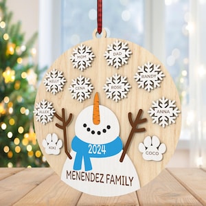 May include: A wooden Christmas ornament shaped like a snowman with a blue scarf and the year 2024 on the chest. The ornament is decorated with white snowflakes with names written on them, including Mom, Dad, Kelly, Cena, Rose, Randy, Alex, Anna, Kiki, and Coco. The ornament also has the text "MENENDEZ FAMILY" at the bottom.