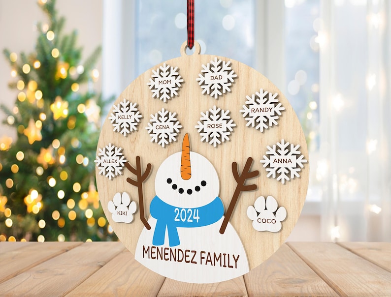 May include: A wooden Christmas ornament shaped like a snowman with a blue scarf and the year 2024 on the chest. The ornament is decorated with white snowflakes with names written on them, including Mom, Dad, Kelly, Cena, Rose, Randy, Alex, Anna, Kiki, and Coco. The ornament also has the text "MENENDEZ FAMILY" at the bottom.