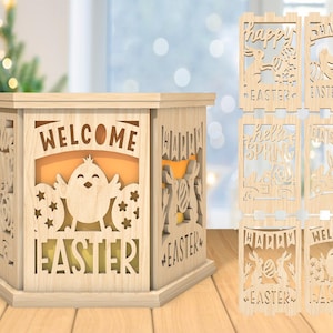 Fichier découpé au Laser 3D Pâques poussin poussin, lampe Hello Spring svg, svg lapin de Pâques, joyeuses Pâques bougie lanterne svg, découpé au laser Glowforge