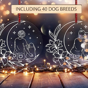 Adorno personalizado de niña y perro en la luna svg, adorno conmemorativo svg, pérdida de perro en Navidad svg, recuerdo svg, corte láser Glowforge