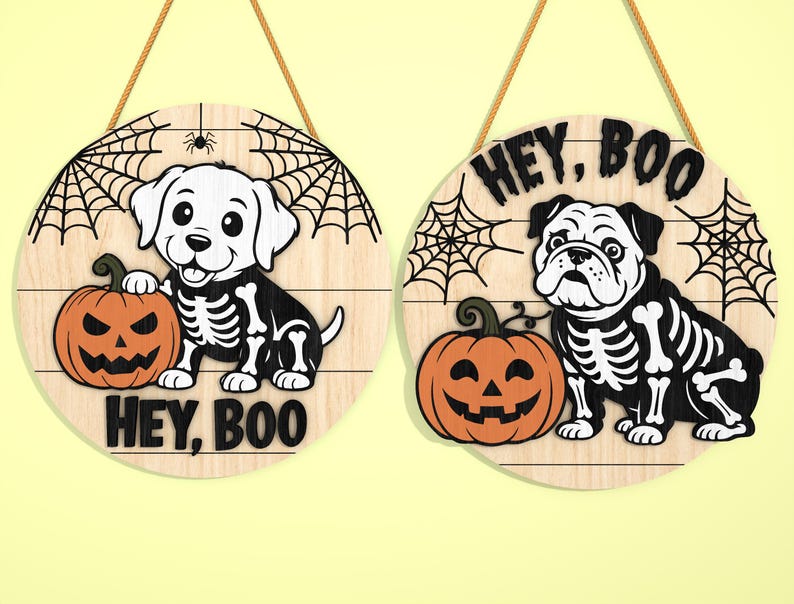 Hey Boo Skeleton Hey Boo Skeleton Dog Door Hanger SVG, Halloween English Bulldog ...
