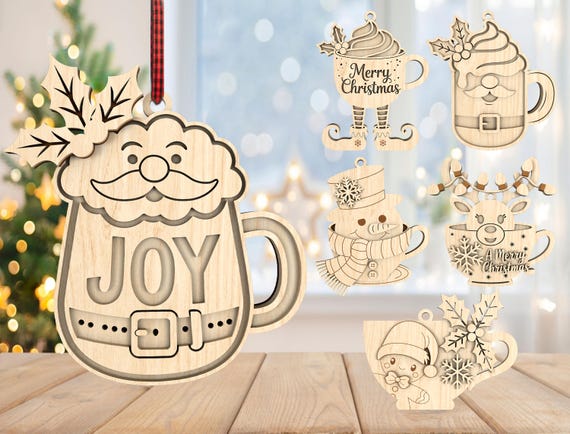 Christmas Mug Ornament SVG Bundle, Cute Cocoa Cup with Santa, Reindeer & Snowman Ornament svg, Christmas ornament svg, Laser Cut Glowforge
