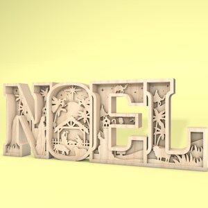 May include: A wooden cutout of the word "NOEL" with a nativity scene design inside each letter. The letters are painted in a light brown color and the background is a light yellow.