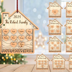 Personalisierte Weihnachtsfamilie Herz Liebe wächst hier Ornament svg, Familienhaus Ornament svg, Weihnachtsgeschenke svg, Laser Cut Glowforge