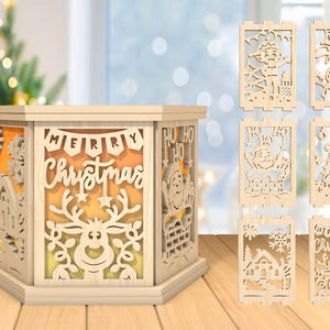 Porta-vela de chá de Natal 3D Merry Christmas Arquivo de corte a laser, lâmpada de cena de Natal svg, lanterna de vela Santa Ho ho ho svg, corte a laser Glowforge