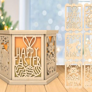 Fichier découpé au laser 3D lapin de Pâques, lampe de lapin de Pâques avec des oeufs svg, svg lanterne bougie Joyeuses Pâques, Glowforge découpé au Laser