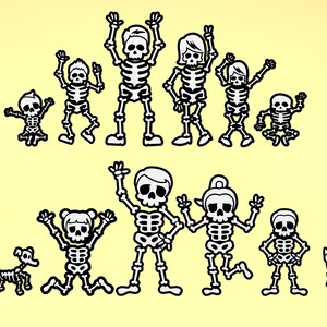 May include: A family of skeletons in various poses, including a dog and a cat. The skeletons are all white and have black eyes. The dog and cat are also white with black eyes.