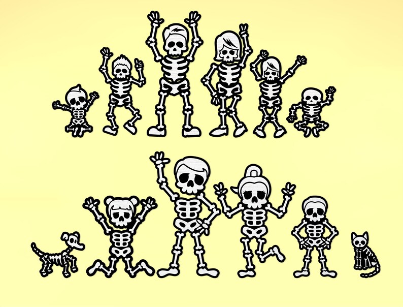 May include: A family of skeletons in various poses, including a dog and a cat. The skeletons are all white and have black eyes. The dog and cat are also white with black eyes.