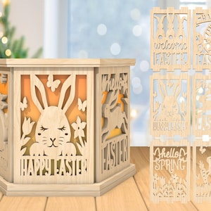 Osterhase Teelichthalter Laser Cut Datei, Hello Spring Lampe svg, Osterei svg, Frohe Ostern Kerzenlaterne svg, Laser Cut Glowforge