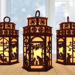 Fichier découpé au laser 3D chat mignon lanterne, fenêtre scène lanterne svg, svg pour amoureux des chats, chat dans la fenêtre bougie lanterne svg, découpé au laser Glowforge